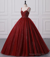 Burgundy Bling Tulle Ball gowns Long Prom Dress with Embroidered Sequins